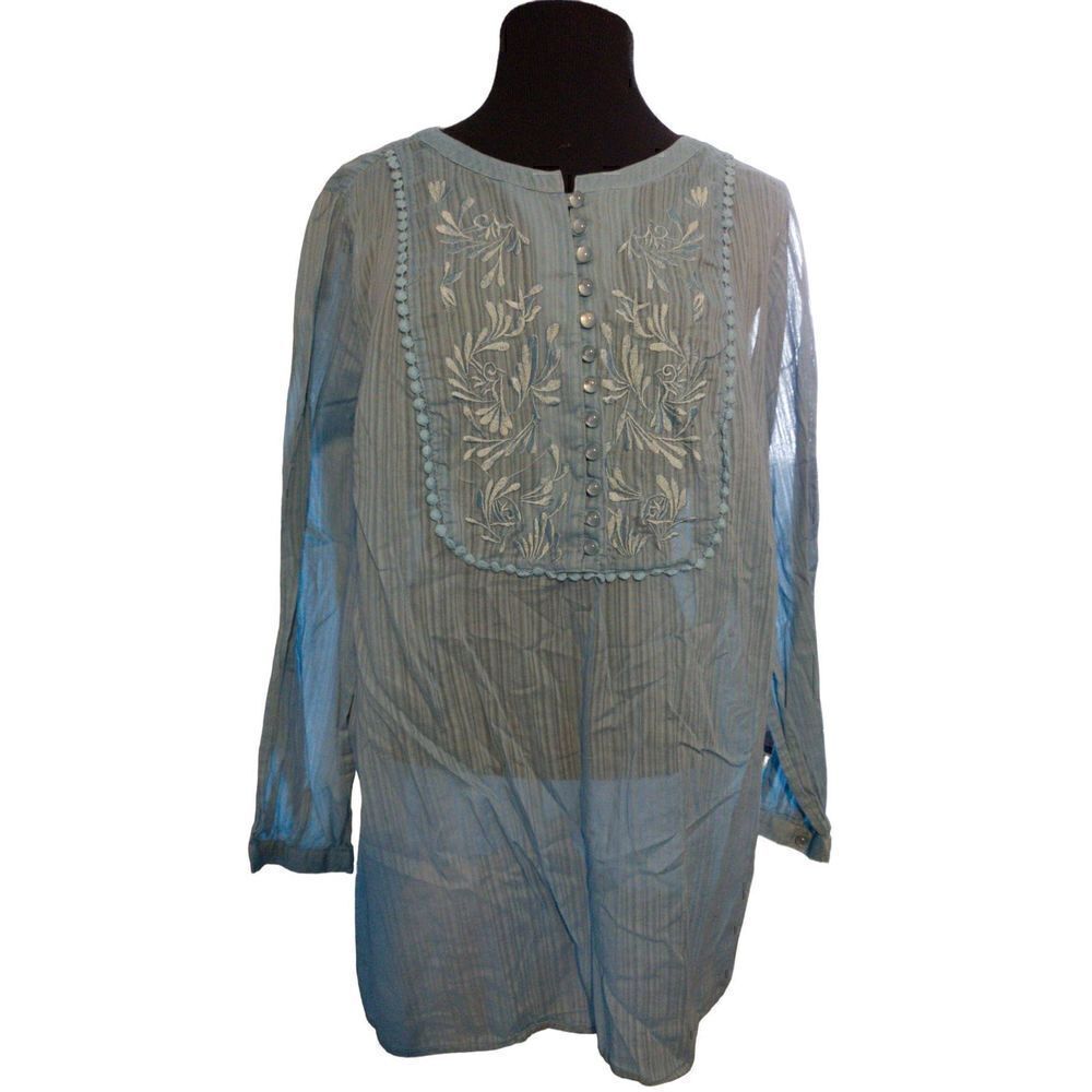 💕Chelsea Studio 24W Fine Blue Cotton Embroidered Boho Tunic Shirt Top